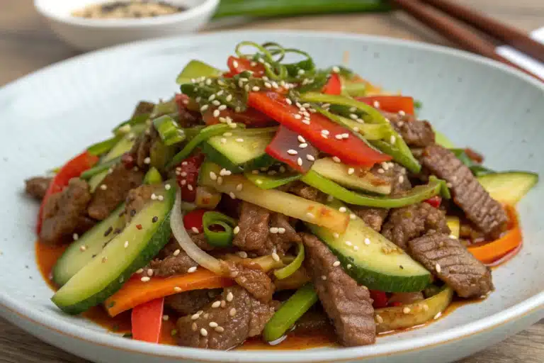 beef stir fry cucumber salad featured image