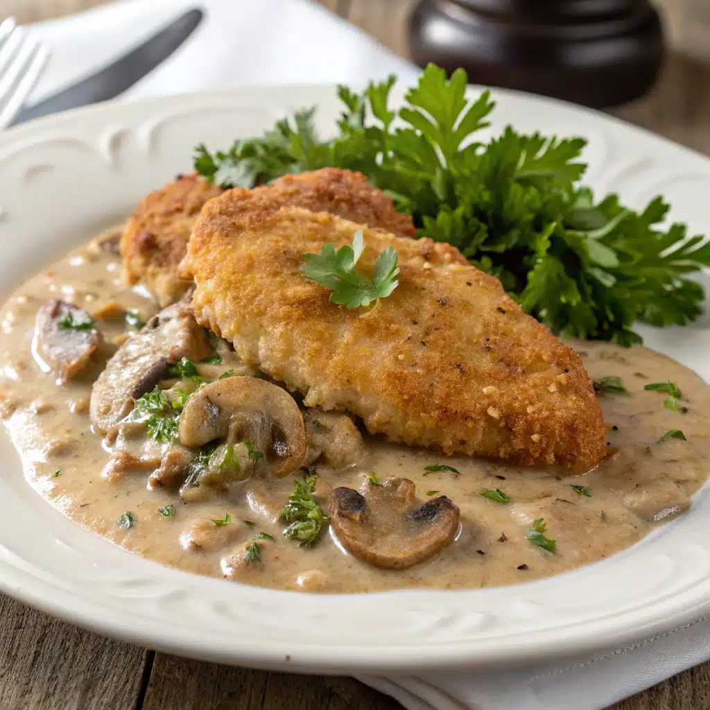 Chicken Schnitzel with Mushroom Gravy Serving
