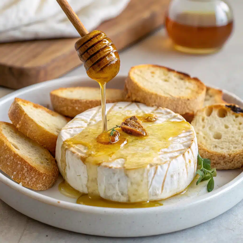 Hot honey baked brie serving