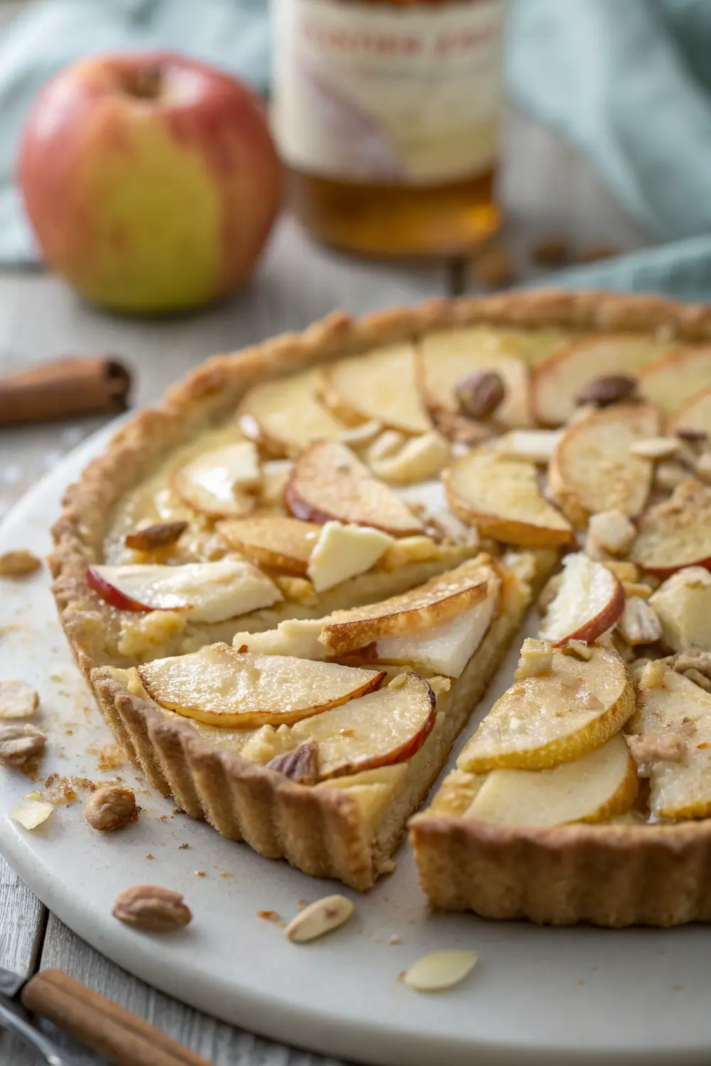 Serving of apple brie dessert on white plate with garnish