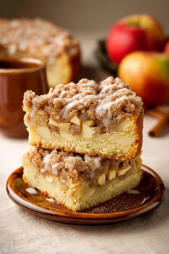 Apple crumb cake with golden crumble topping fresh from the oven