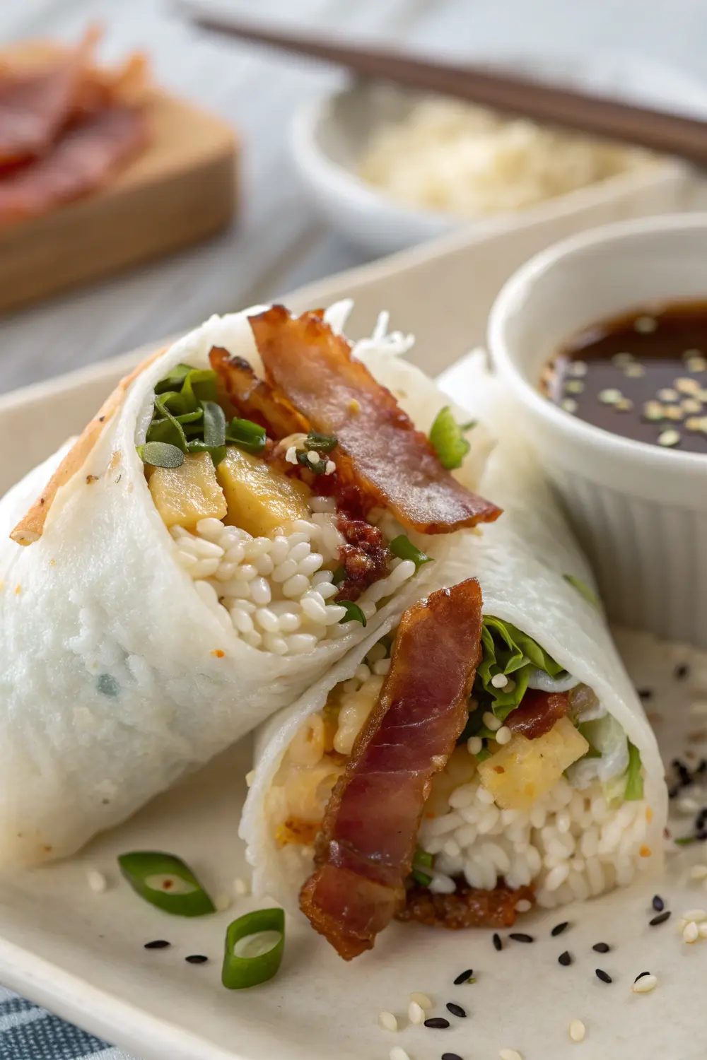 Platter of bacon egg rice paper wraps served with dipping sauce