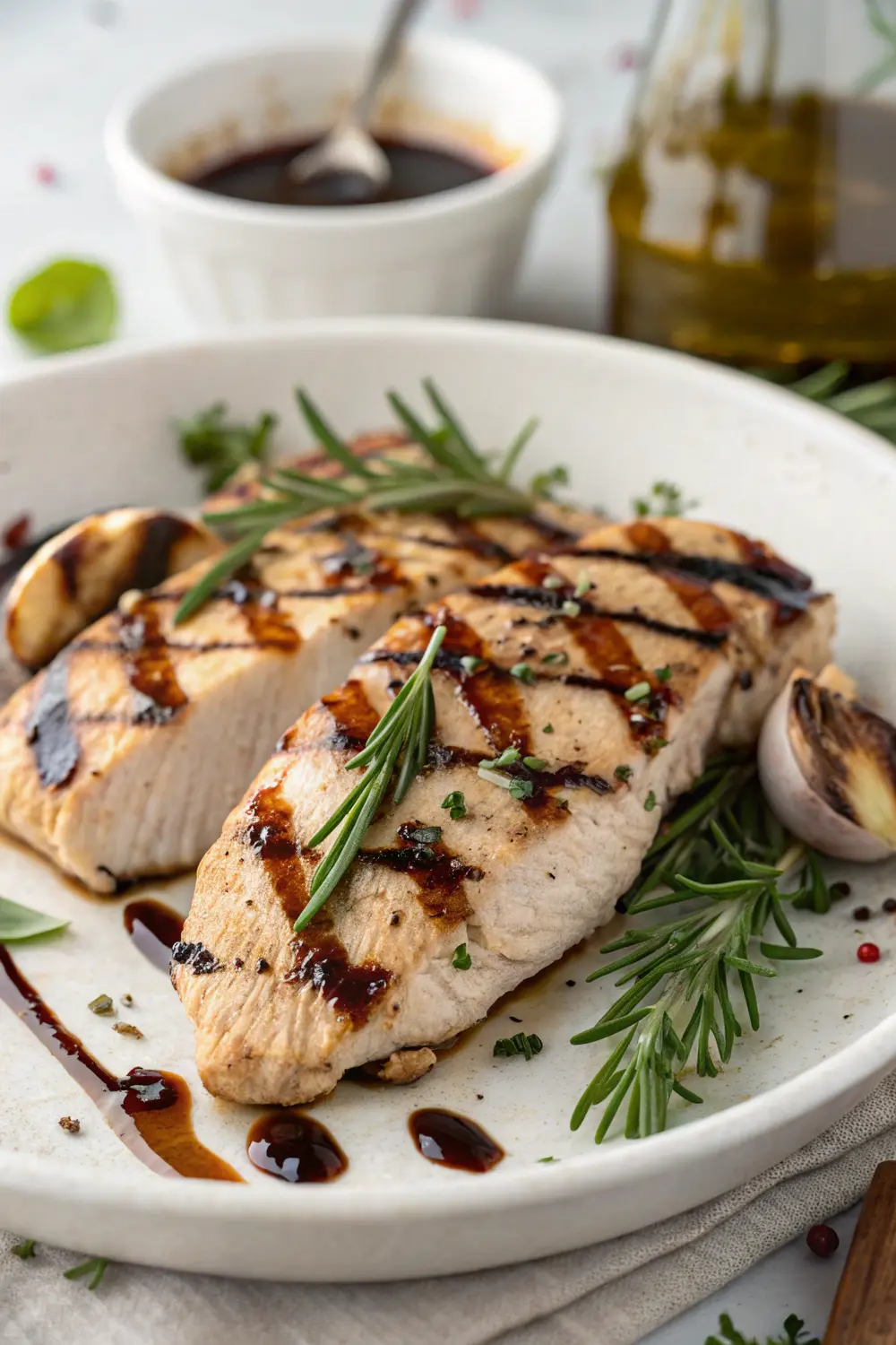 Balsamic chicken marinade in a glass dish with fresh herbs and garlic