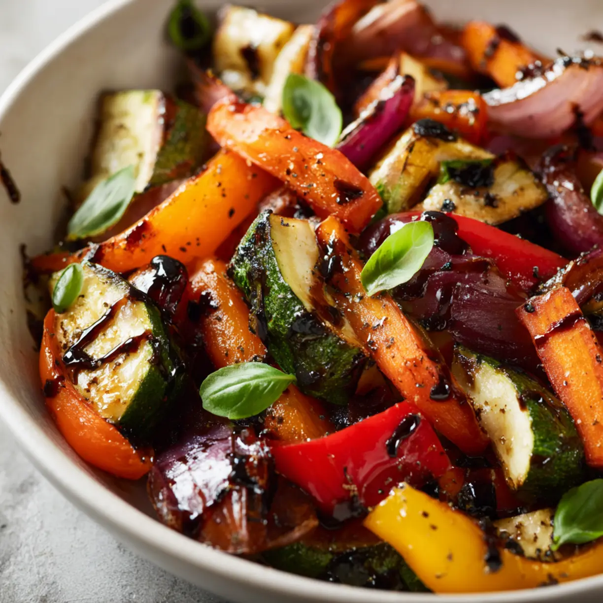 Homemade balsamic vinaigrette dressing being drizzled over roasted vegetables