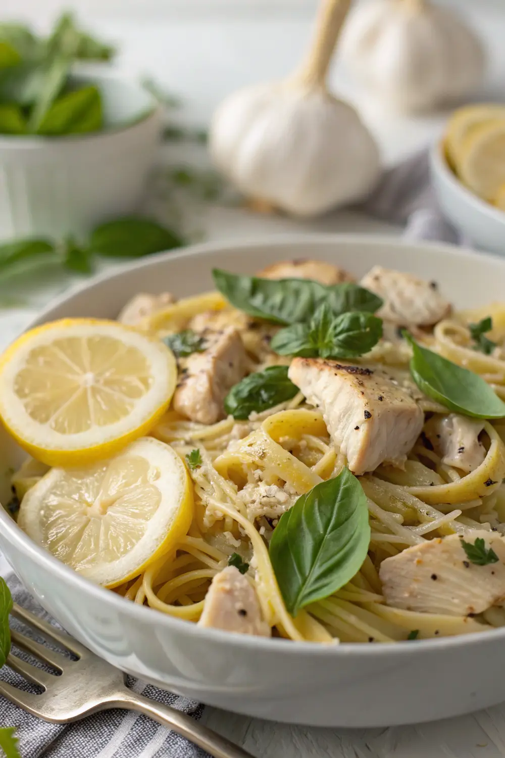Plated lemon basil chicken pasta with fresh herbs and garnishes