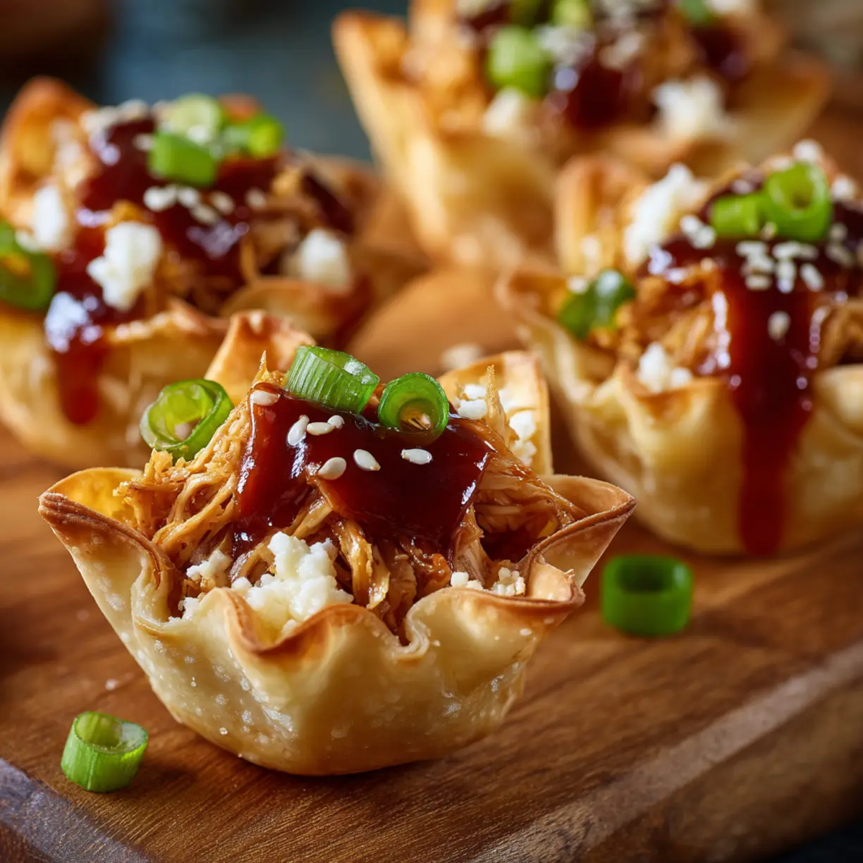 BBQ chicken wonton appetizers freshly baked and garnished