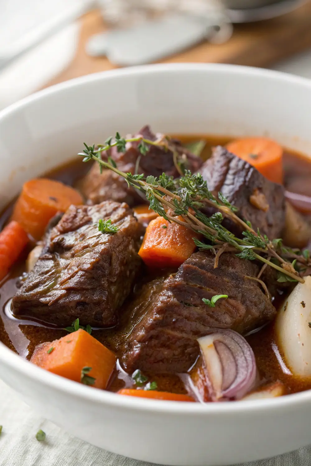 Slow-cooked braised beef cheeks in a rich red wine sauce with vegetables
