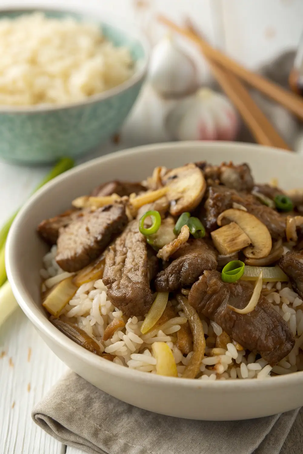 Close-up of beef stir fry with rich sauce coating the meat and vegetables