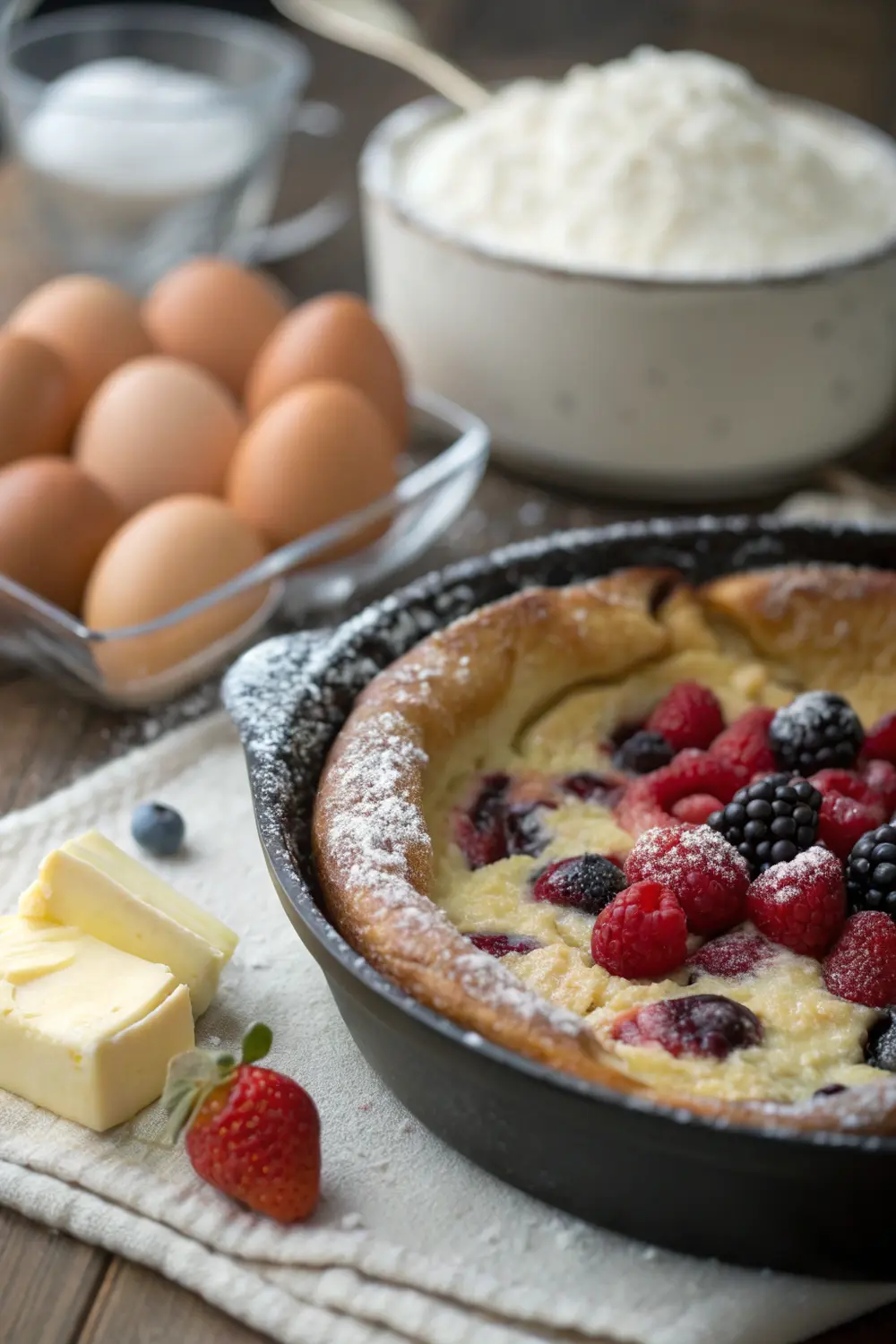 Berry dutch baby pancake served with fresh berries and powdered sugar on a white plate