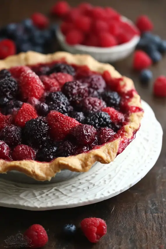Homemade razzleberry pie with golden flaky crust and purple-red berry filling bubbling through lattice top