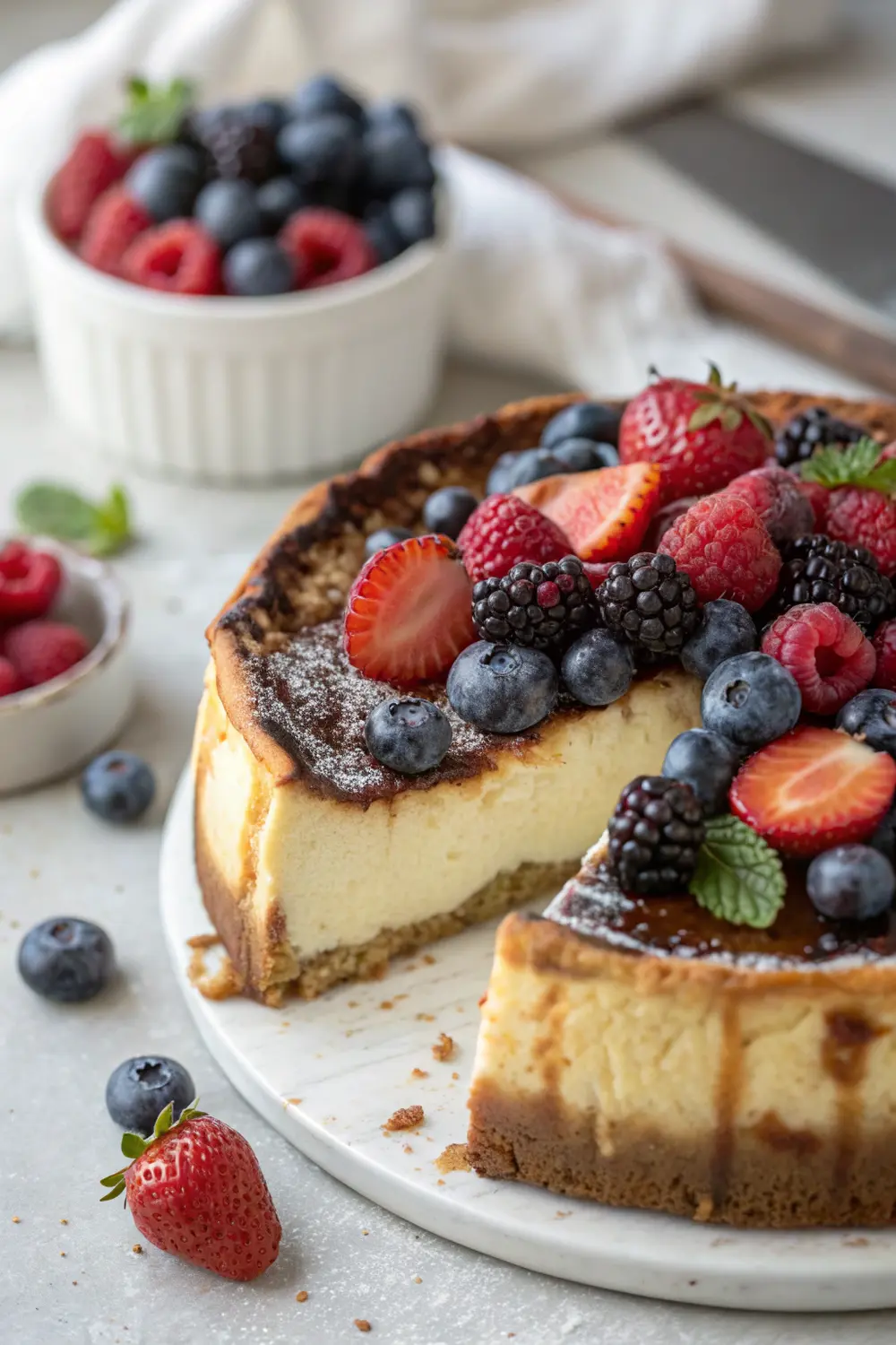 Fresh berry topping on burnt cheesecake