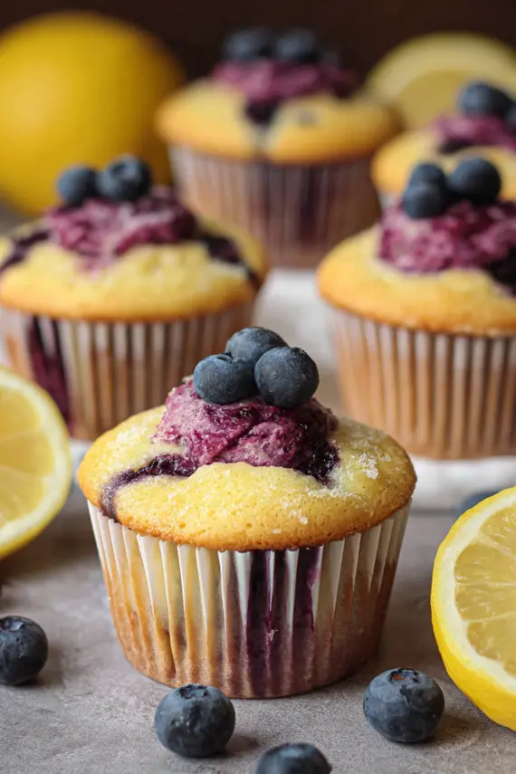 Lemon blueberry cupcakes topped with swirls of purple blueberry frosting