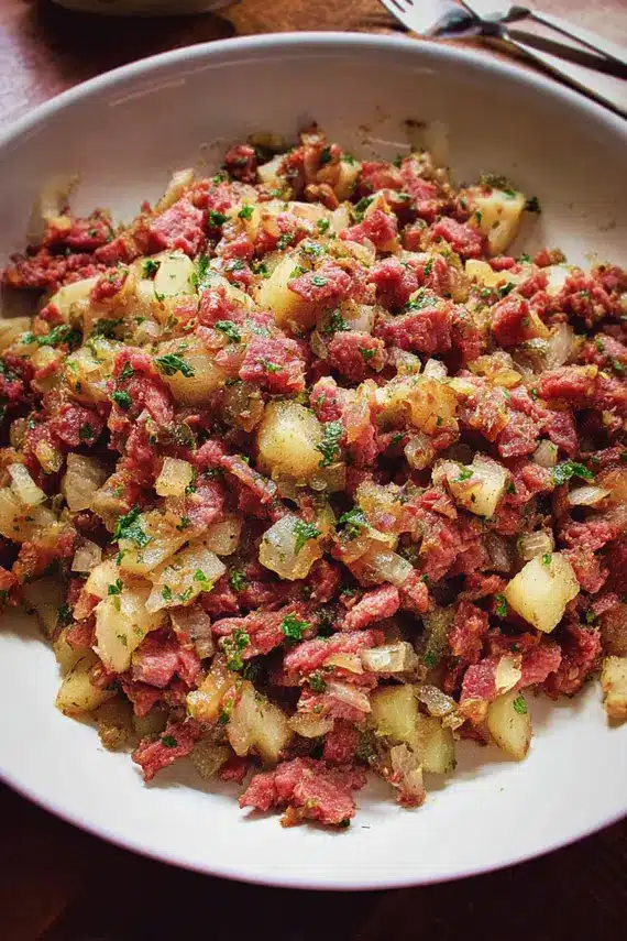 Corned beef hash topped with fried eggs and served with toast
