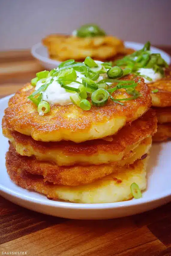 Mashed potato pancakes served with toppings for breakfast