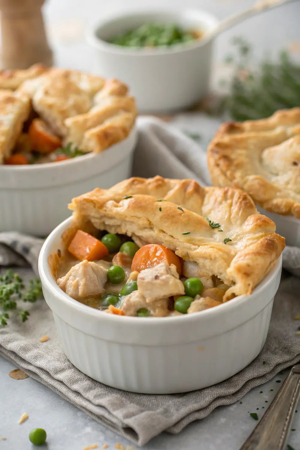 Freshly baked butter chicken pot pies with golden puff pastry tops