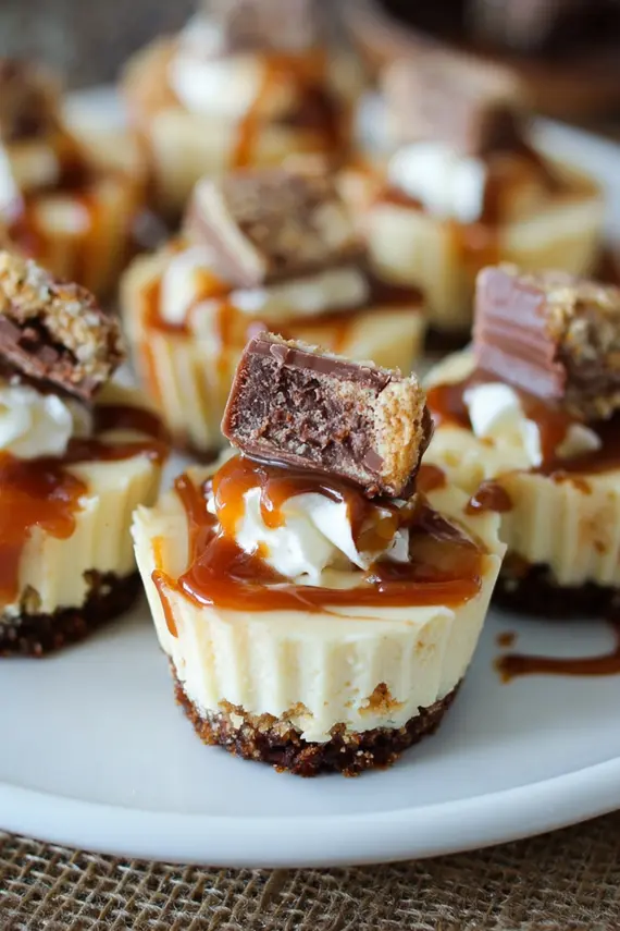 Mini Twix Caramel Cheesecakes arranged on a serving plate with caramel drizzle