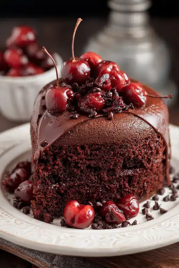 Sliced chocolate cherry cake with fresh cherries and whipped cream