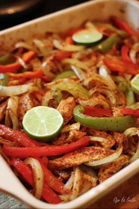 Sheet pan of freshly baked chicken fajitas with colorful bell peppers and onions