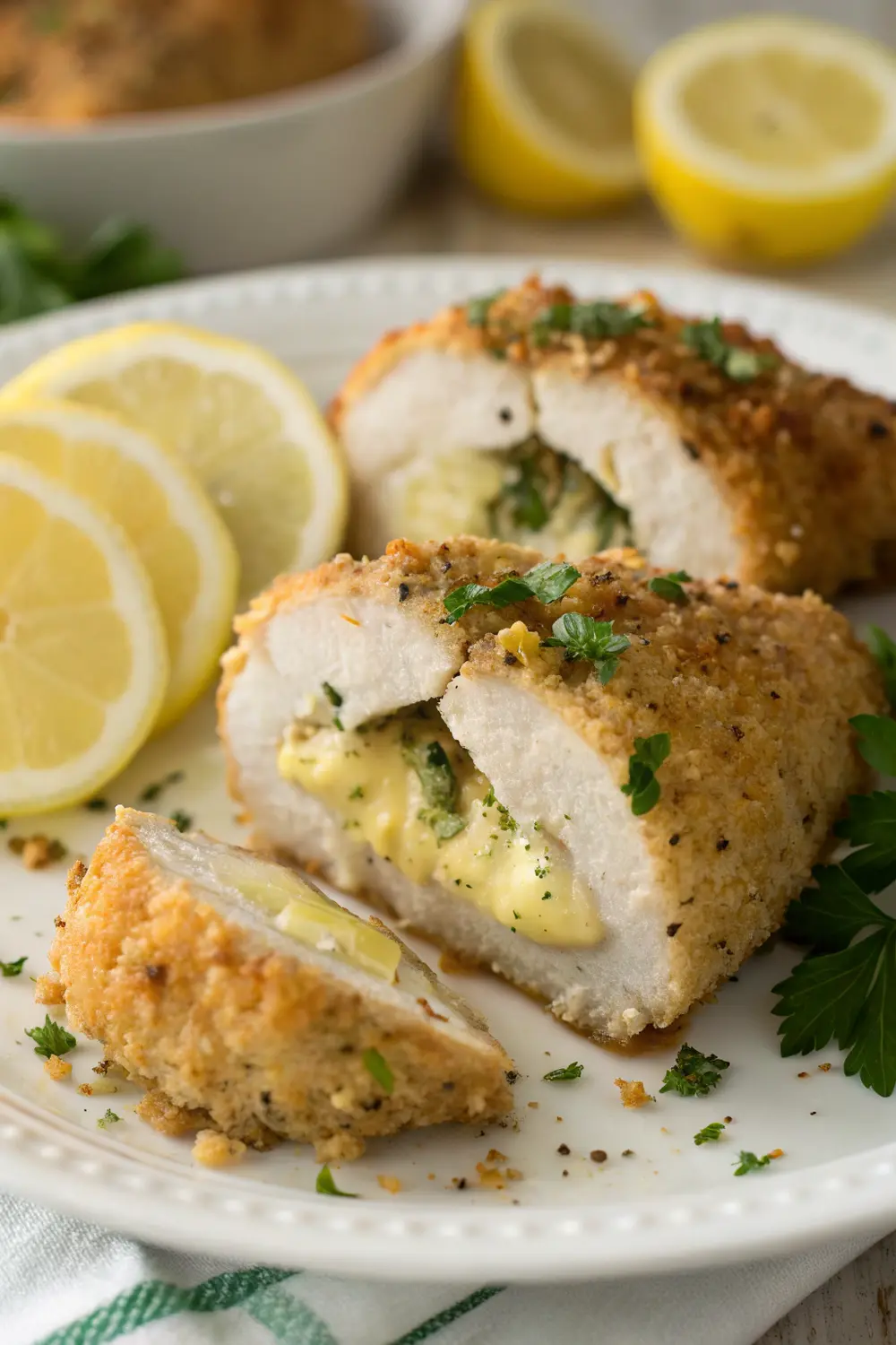 Perfectly cooked lemon garlic chicken kiev with herb butter visible