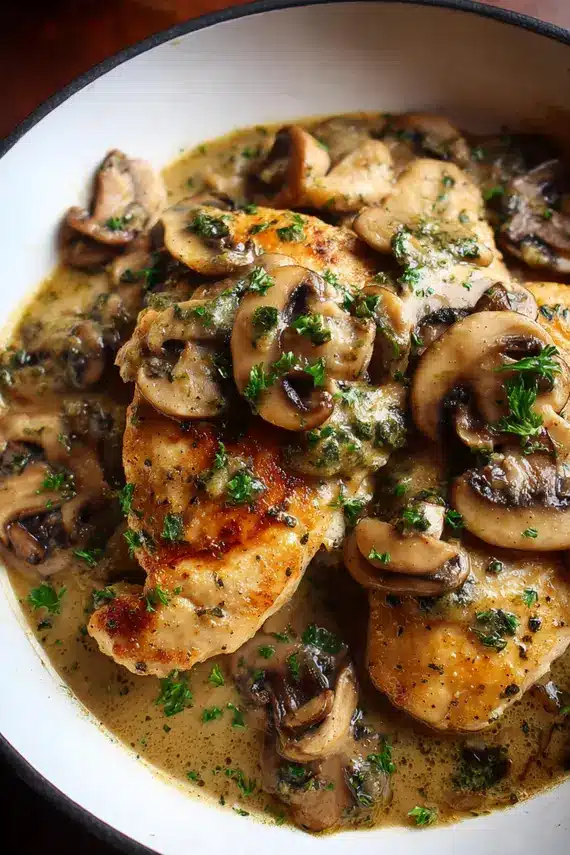 Delicious chicken marsala with rich mushroom sauce being served in a skillet
