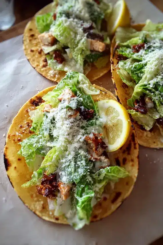 Freshly assembled chicken caesar smash tacos on a serving plate