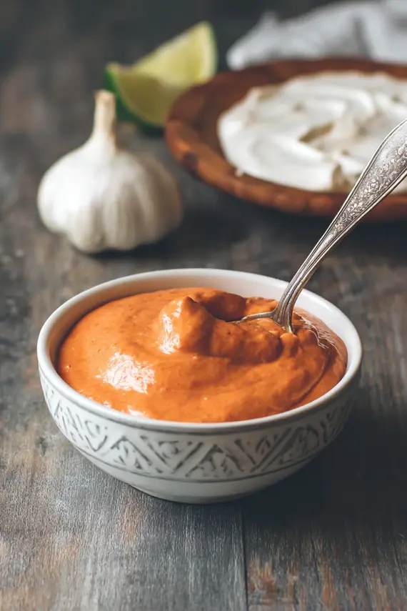 Creamy chipotle sauce in a white bowl with a spoon and ingredients surrounding it