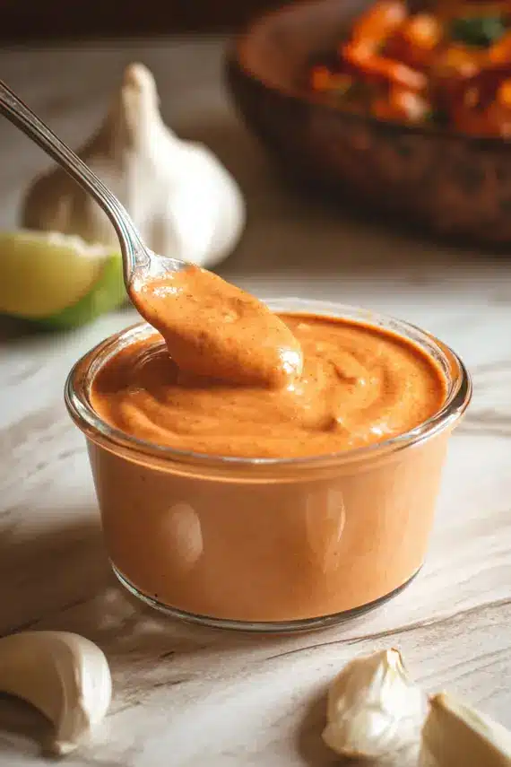 Chipotle sauce being drizzled over tacos with fresh ingredients visible