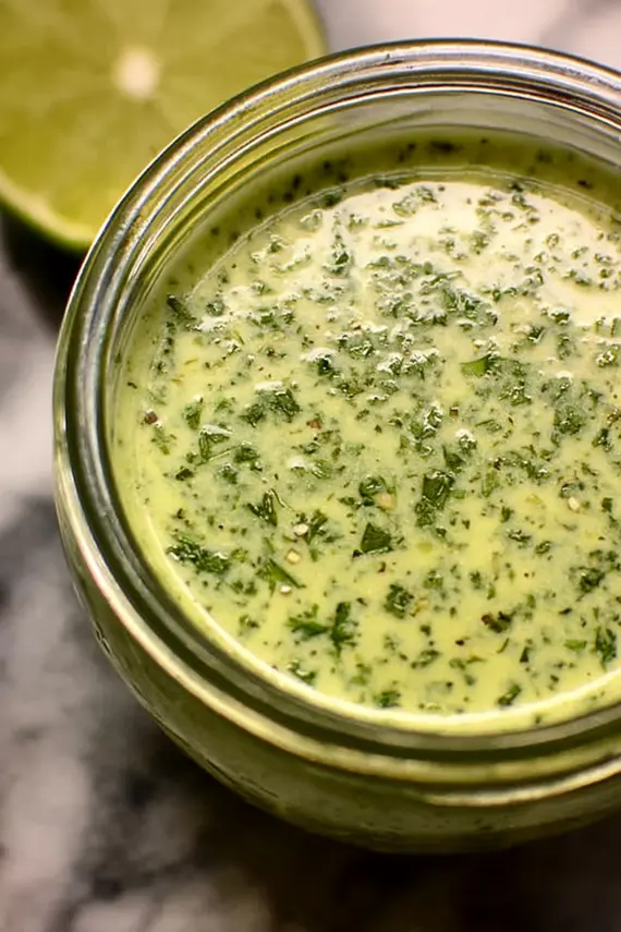 Fresh cilantro lime sauce in a glass bowl with a spoon