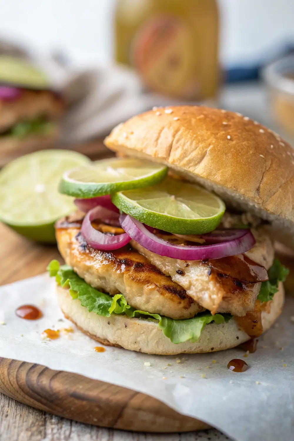 Citrus chicken sandwich with avocado and fresh vegetables