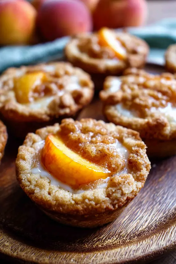Elegantly plated peach cobbler cookie cups with vanilla ice cream and mint garnish