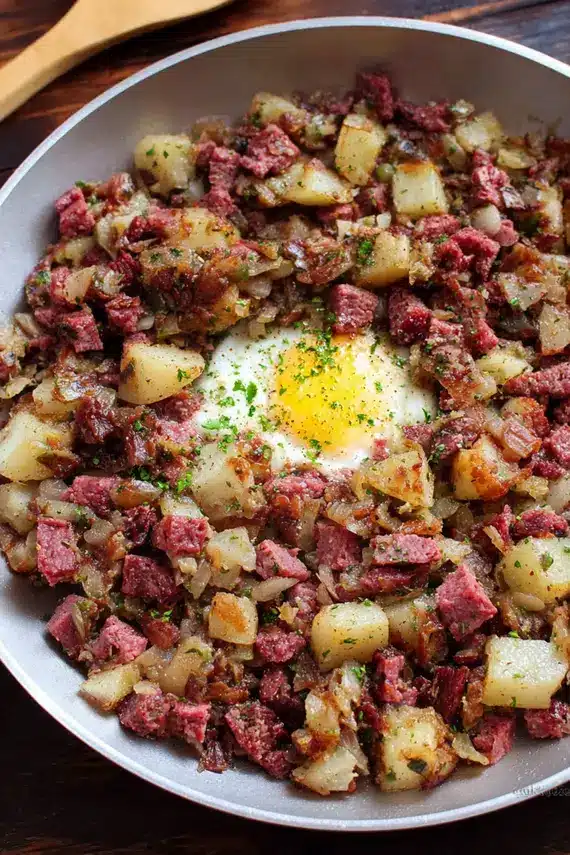 Crispy golden corned beef hash in a cast iron skillet