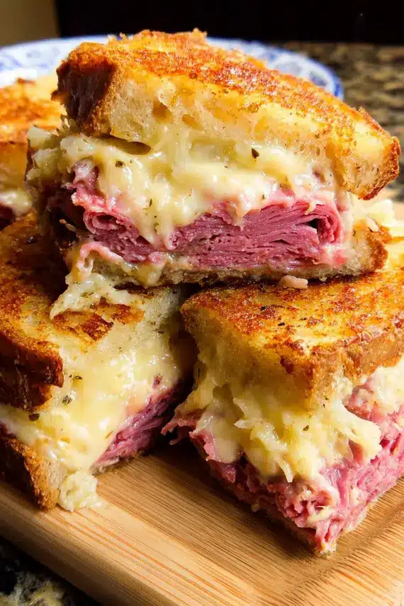 Perfectly baked reuben sandwich cut in half showing layers of corned beef, sauerkraut and melted cheese