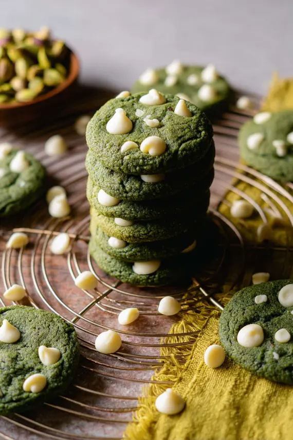 Green white cookies with cream cheese frosting arranged on a serving platter