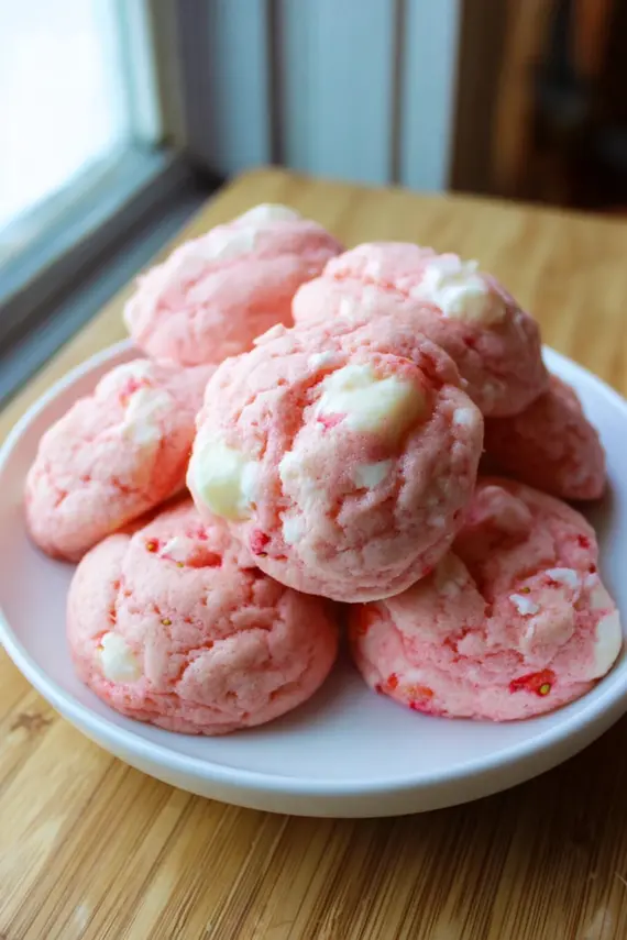 Strawberries cream pudding cookies arranged on a decorative serving platter