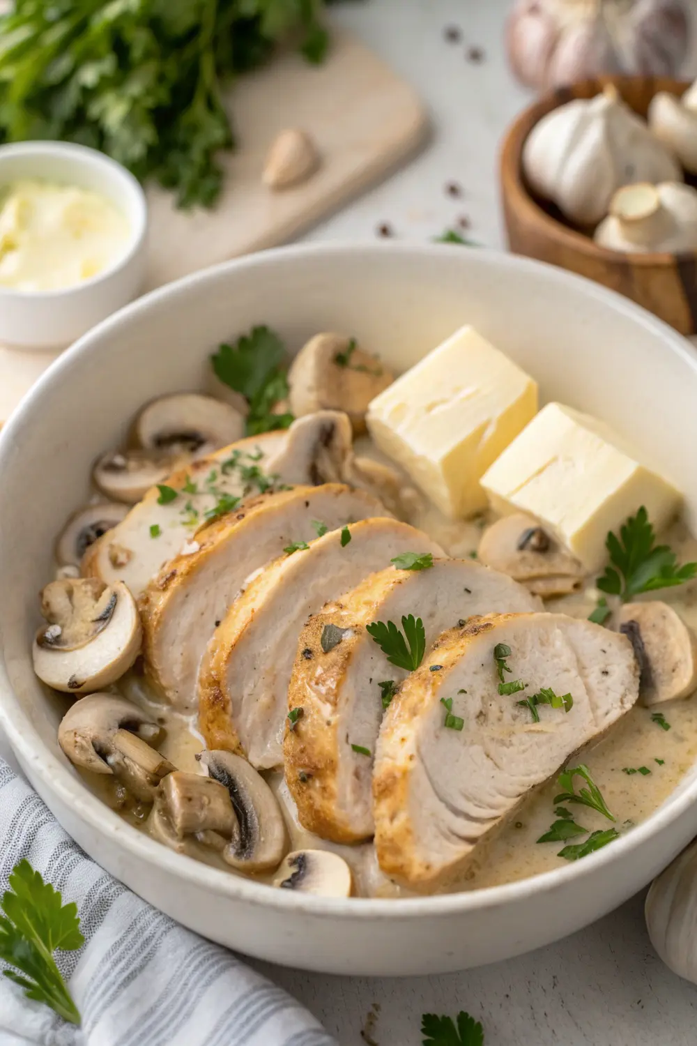Creamy chicken dinner served over pasta with fresh herbs