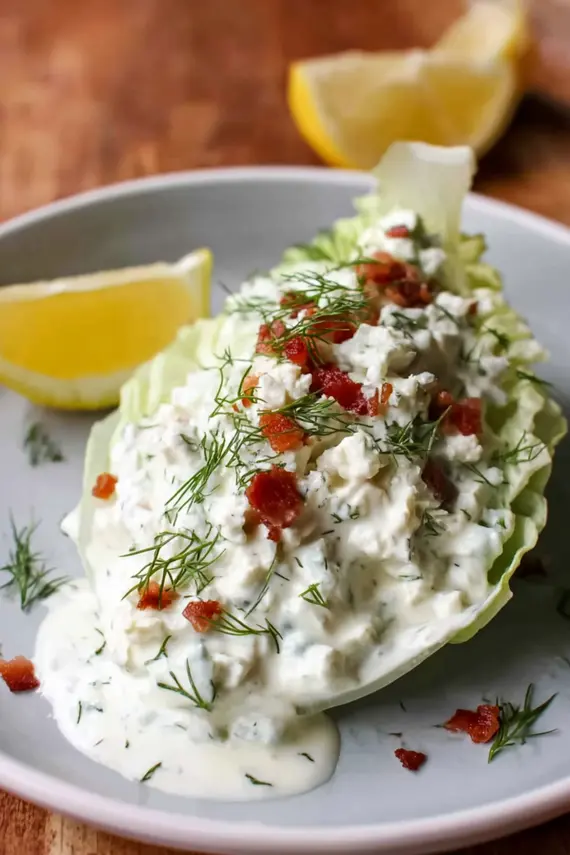 Wedge salad dip served with colorful fresh vegetables and garnishes