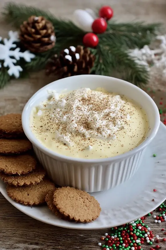 Creamy festive dip with holiday cookies and fruit