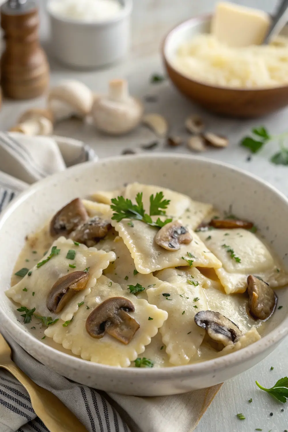 Plated creamy mushroom ravioli garnished with fresh herbs and Parmesan cheese