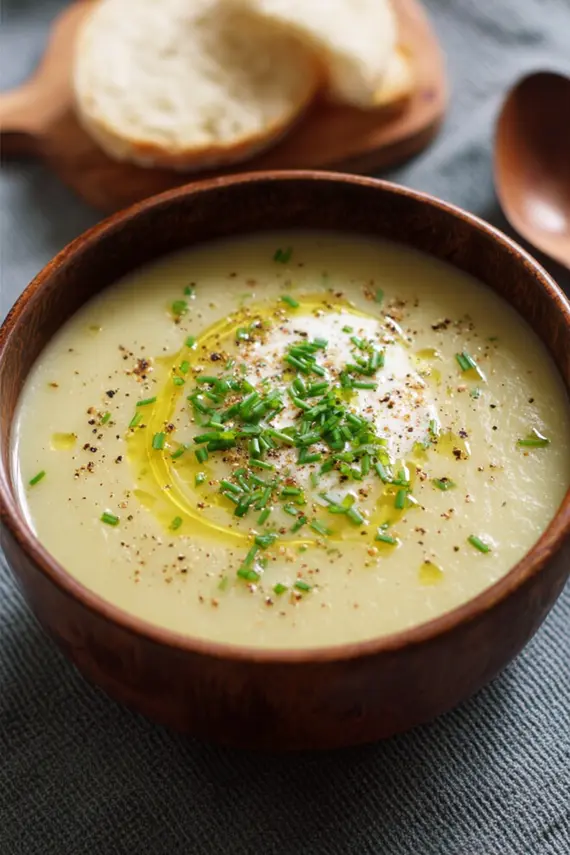 Creamy potato leek soup in a white bowl garnished with fresh herbs