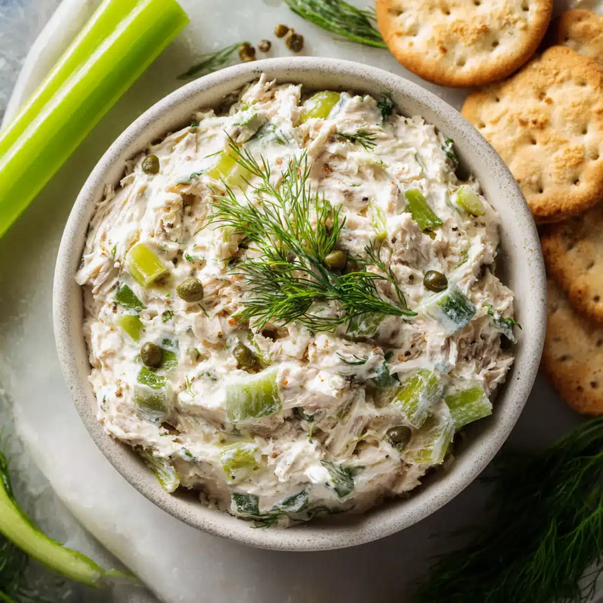 Creamy tuna dip in a white bowl with crackers and vegetable sticks arranged around it