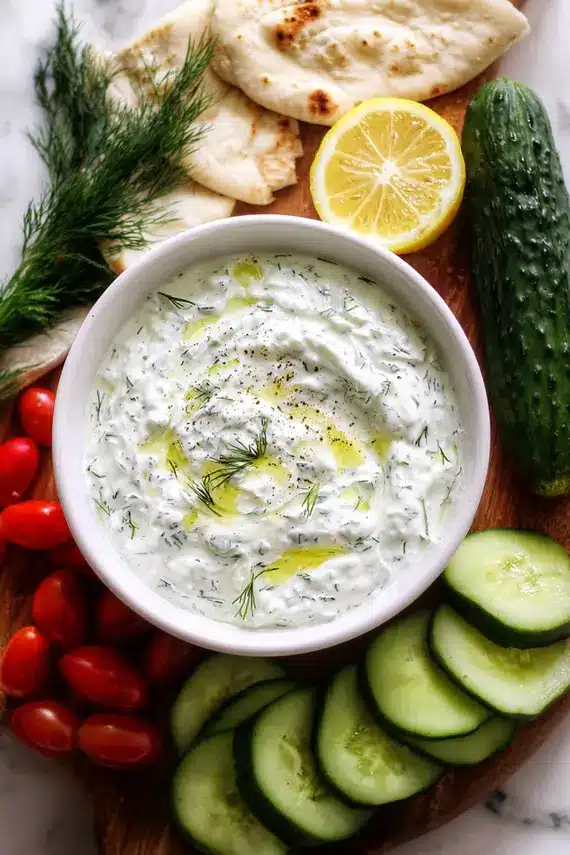 Bowl of tzatziki sauce with pita bread and fresh vegetables for dipping