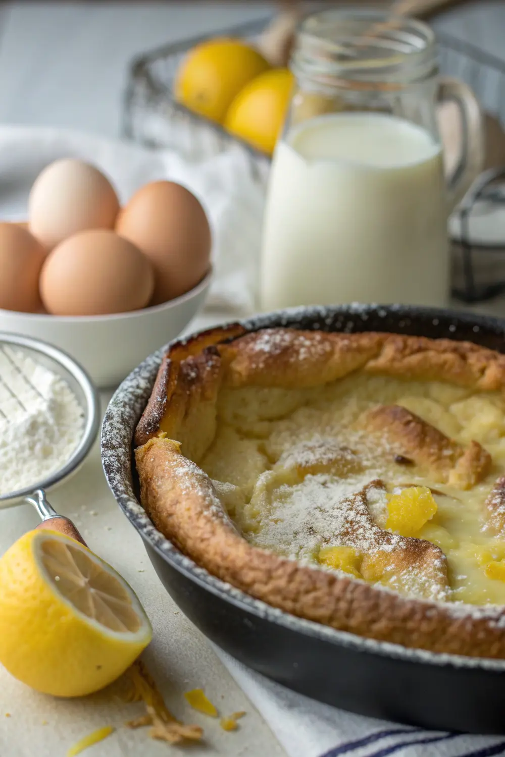 Freshly baked lemon dutch baby pancake in cast iron skillet with powdered sugar