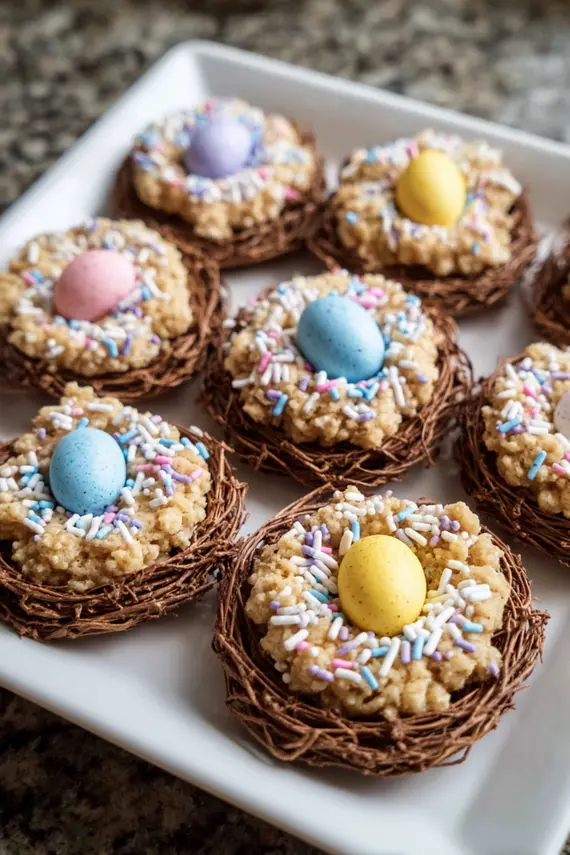 Freshly baked Easter nest cookies with colorful sprinkles