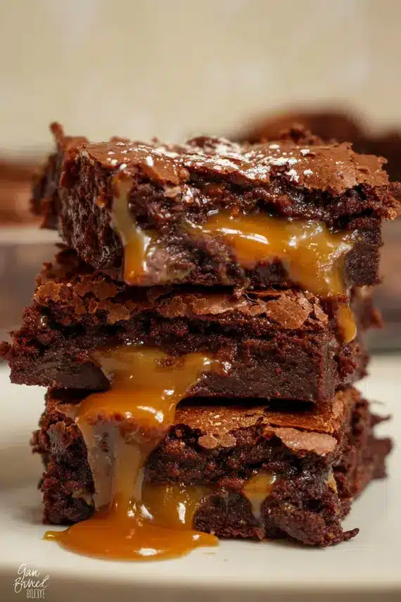 Easy caramel brownies with beautiful swirls, shown freshly cut into squares