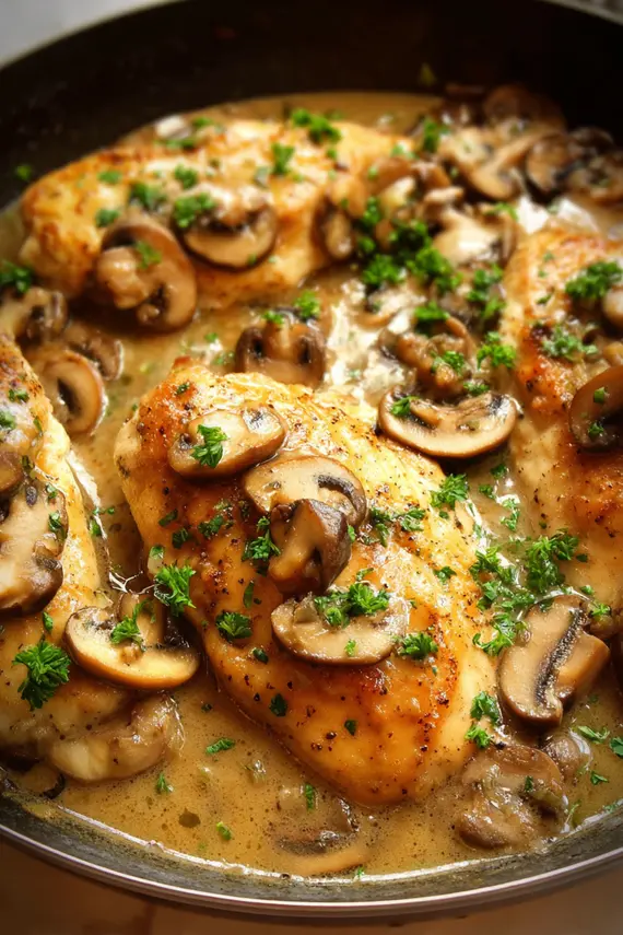 Easy chicken marsala served on a plate with pasta and fresh herbs