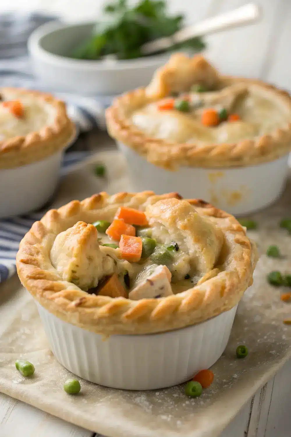Butter chicken pot pie served on a plate with a side salad