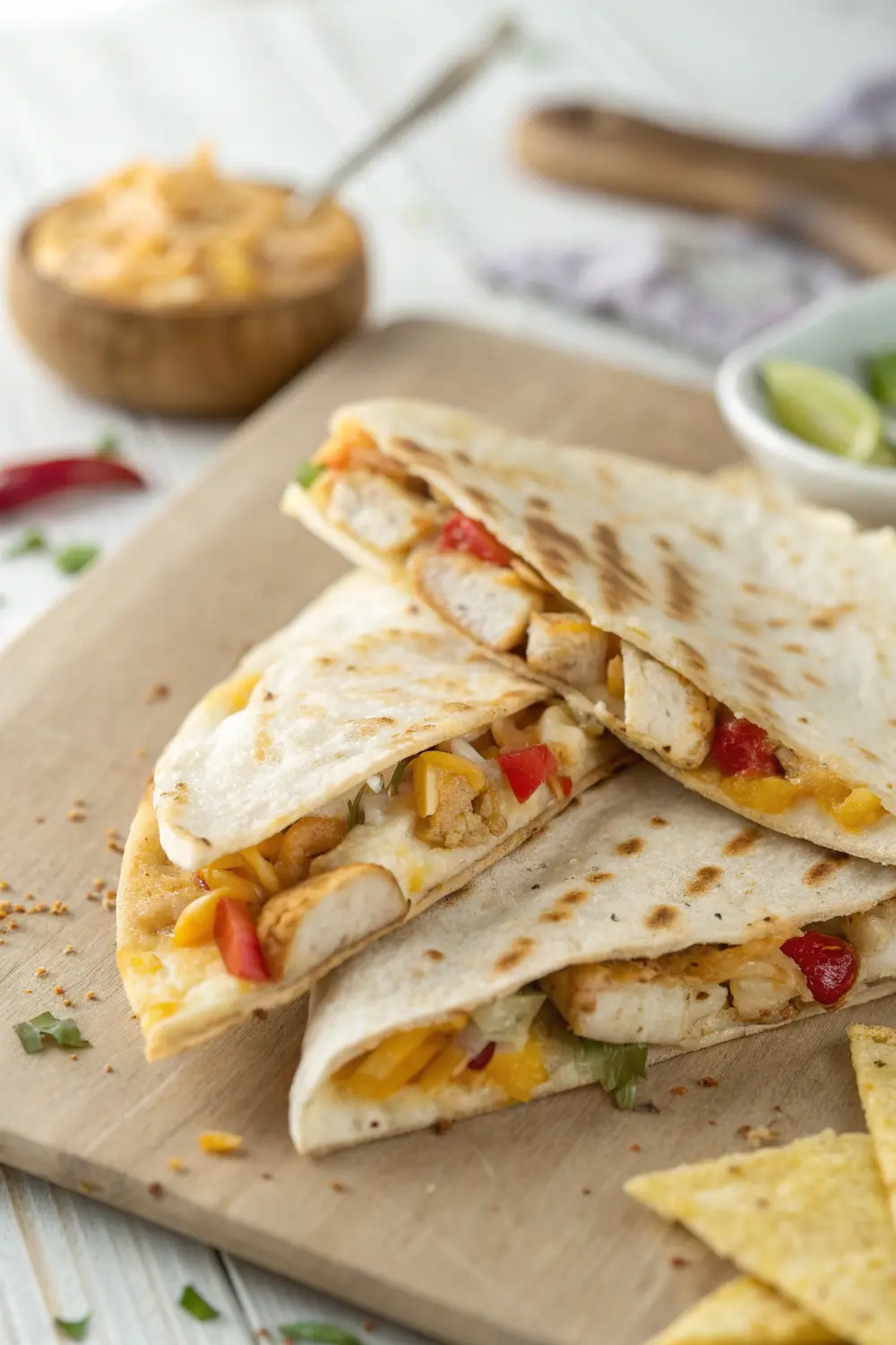 Easy chicken quesadilla sliced into wedges served with fresh guacamole