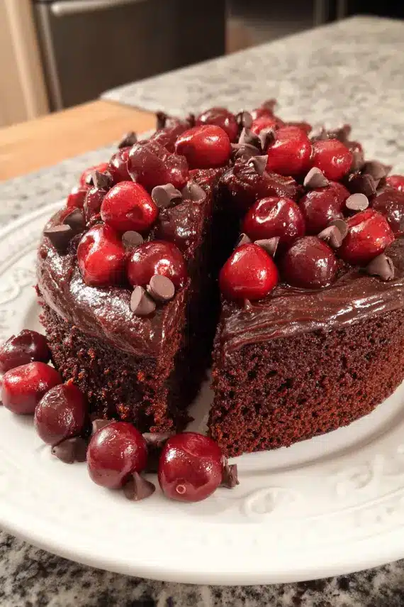 Moist chocolate cherry cake with fresh cherries and chocolate chips