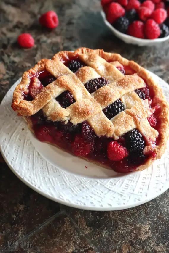 Slice of razzleberry pie on white plate with scoop of vanilla ice cream melting alongside