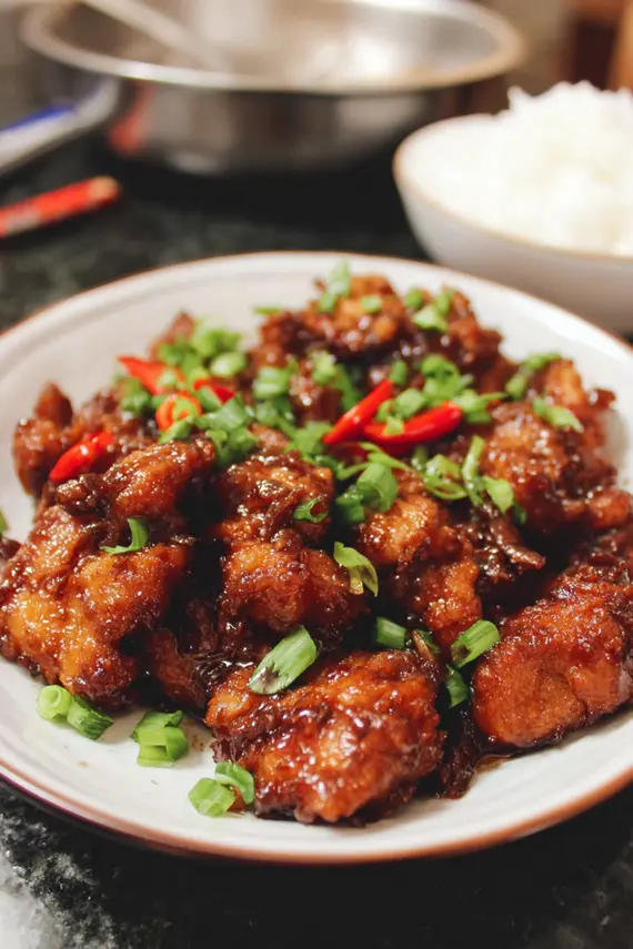 Easy mongolian chicken served over rice with green onion garnish